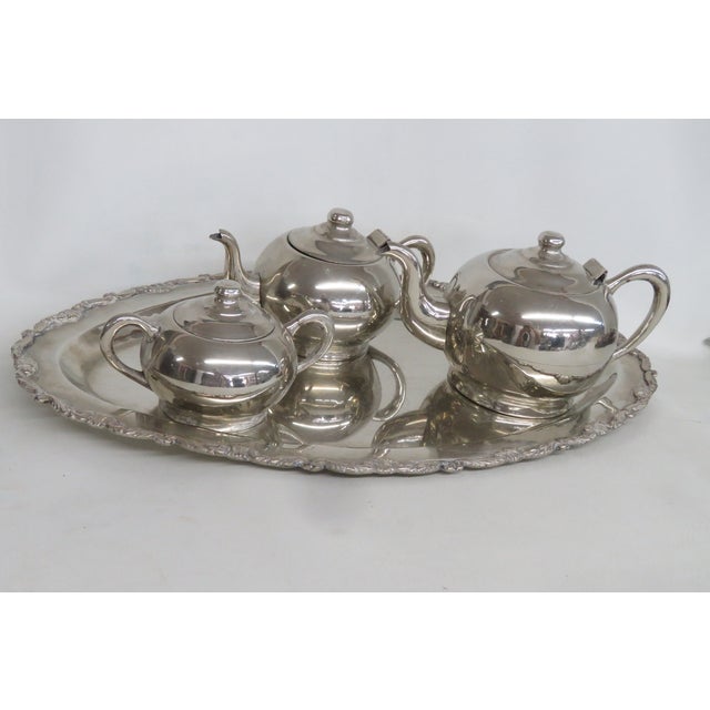 Art Deco Silver Plated Tea Tray Set With 2 Teapots and Lidded Sugar Bowl 4989b For Sale - Image 4 of 9