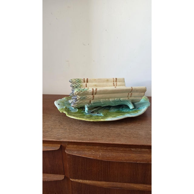 French Country Antique Majolica Asparagus Server Set, Ceramic Drainer & Platter, French Country Kitchen, Green Glaze Serving Dish For Sale - Image 3 of 11