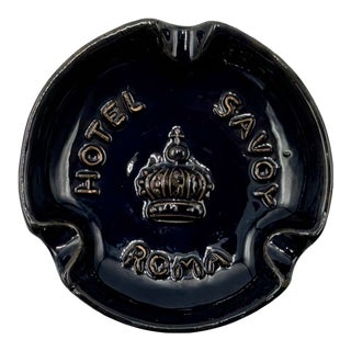 Vintage Hotel Savoy Roma Ashtray Rome, Italy Blue Ceramic Trinket Jewelry Dish For Sale