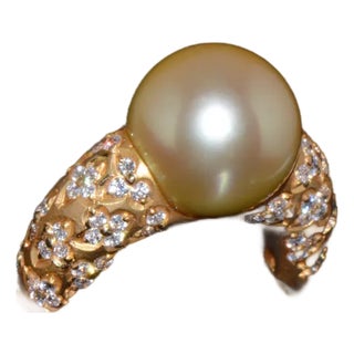 Certified Natural 1.31Cts VS F Diamond 13MM South Sea Pearl 18K Solid Gold Ring, size 6.75 For Sale