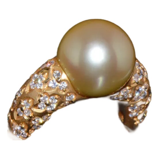 Certified Natural 1.31Cts VS F Diamond 13MM South Sea Pearl 18K Solid Gold Ring, size 6.75 For Sale