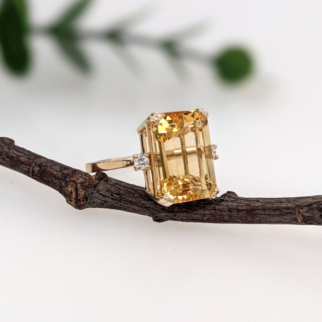 7ct Citrine Ring w Earth Mined Diamonds in Solid 14K Yellow Gold EM 14x10mm For Sale - Image 9 of 10