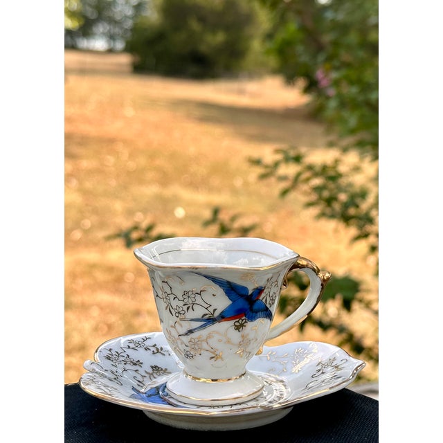 Mid 20th Century Japanese Blue Bird Swallow Demitasse Cup & Saucer For Sale - Image 12 of 12