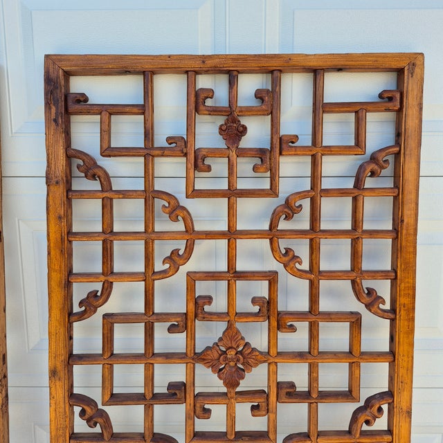 Antique Chinese Open Fretwork Lattice Large Window Screens Decorative Wall Panels, a Pair For Sale - Image 9 of 15