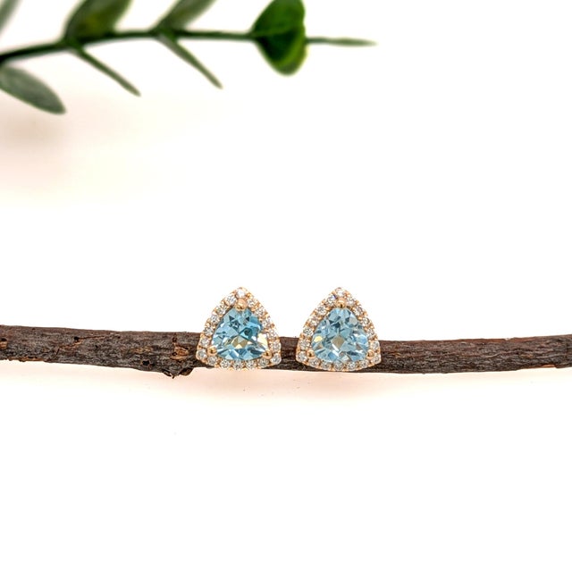 Modern 1.6Ct Sky Blue Topaz Stud Earrings With Diamond Halo: Solid 14k Gold, Trillion, Pair For Sale - Image 3 of 5