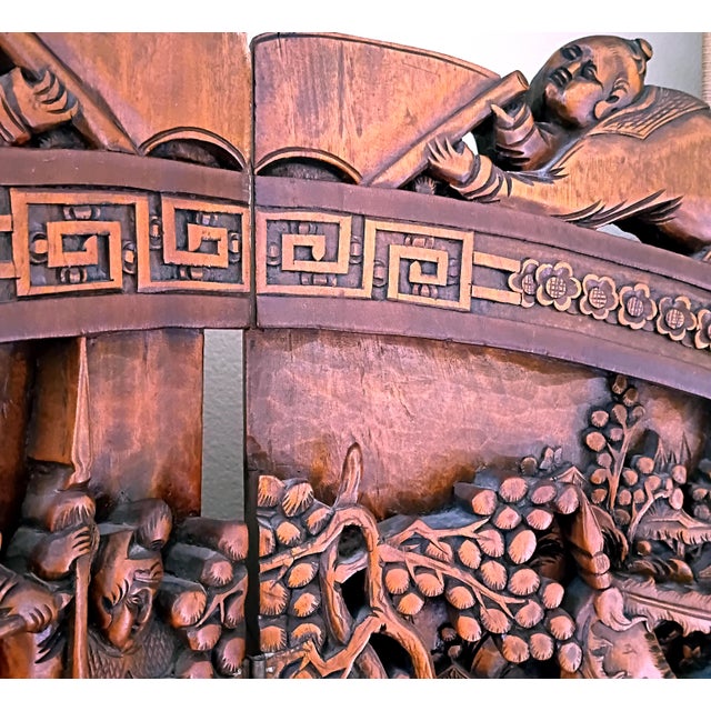 1930s Chinese Ornate Large Round Carved Teak Wood Equestrian Screen Divider For Sale - Image 18 of 18