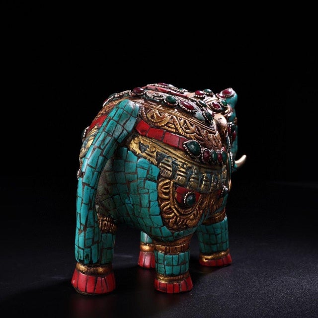 Vintage Himalayan Bronze Elephant Statue With Turquoise & Gemstone Inlay For Sale - Image 9 of 9