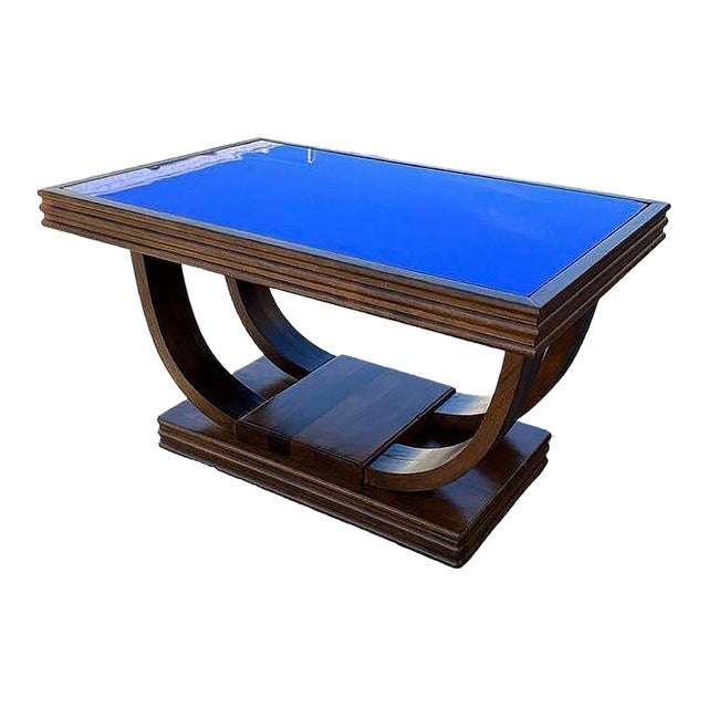 1930s Streamline Art Deco Double Arch Rosewood Coffee Table W/ Colbalt Blue Glass Top For Sale