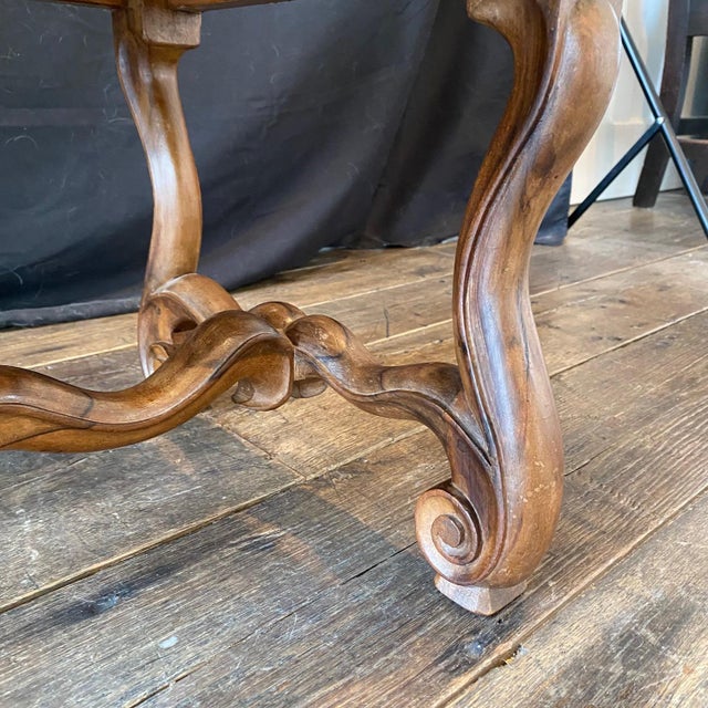 French Louis XIV Carved Walnut Bench Ottoman With Gorgeous Tapestry Upholstery For Sale - Image 10 of 11