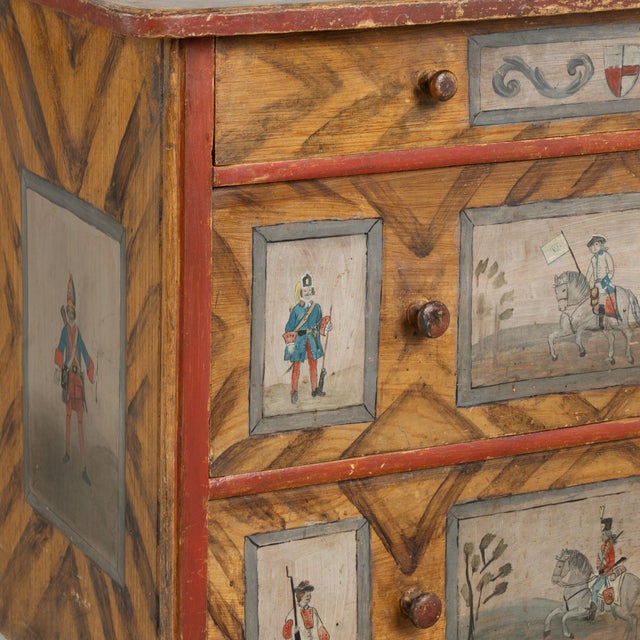 Wood 19th Century Original Hand-Painted Pine Chest of Three Drawers With Soldiers on Horseback For Sale - Image 7 of 13