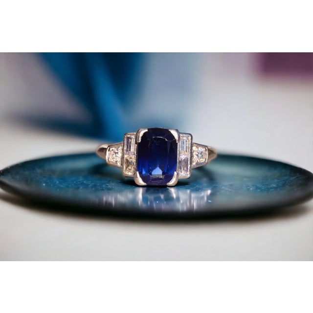 Contemporary Rue Montorgueil: Elongated Treated Sapphire in Antique Platinum and Natural Diamond Ring For Sale - Image 3 of 11