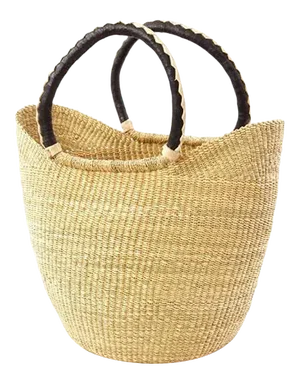 African Bolga Ghana Woven Yikene Basket Beach Bag U Shopper With Black Handles