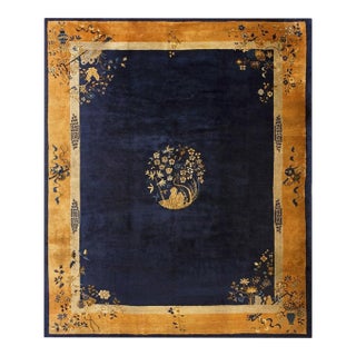 1920s Navy Vase Medallion Antique Chinese Art Deco Peking Wool Rug 9'3" X 11'3" For Sale