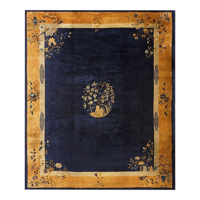 1920s Navy Vase Medallion Antique Chinese Art Deco Peking Wool Rug 9'3" X 11'3" For Sale