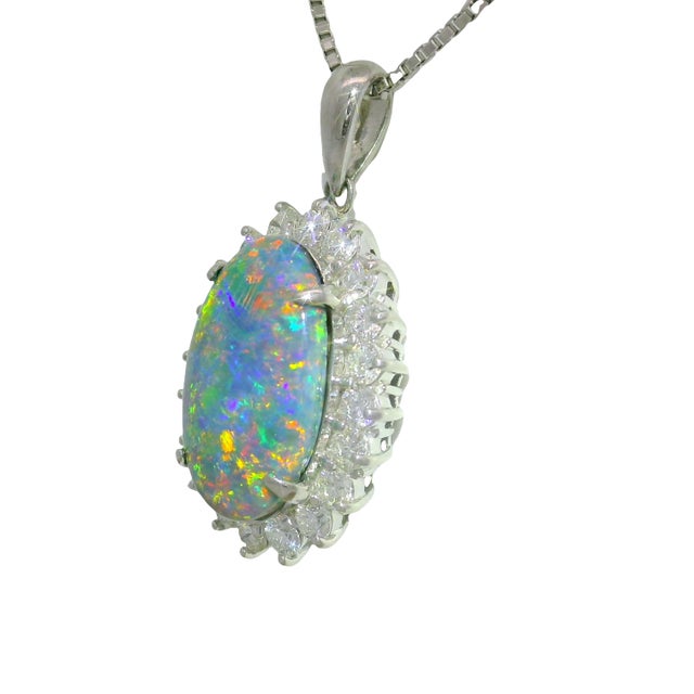 3.51 Carat Australian Black Opal Diamond Platinum Halo Pendant Necklace For Sale - Image 4 of 7
