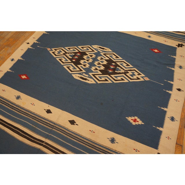 1940s Chimayo flat weave ( 4'8" x 6'8" - 142 x 198 cm) Antique Navajo - Chimayo Mexico Medallion Flat Weave Rug, Circa...
