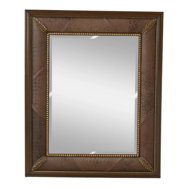 Brown Windsor Art Large Textured Leather Frame Beveled Mirror For Sale - Image 8 of 8