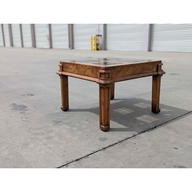 Wood Postmodern Burl Wood and Smoked Glass Square Side Table, 1970s For Sale - Image 7 of 10