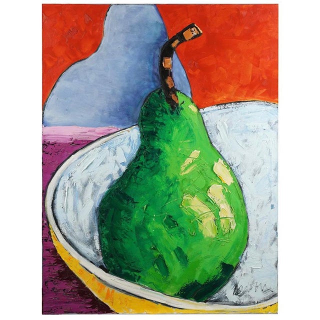 Bold, colorful, still life oil painting of a pear. In lush, vibrant color. SUZANNE WALLACE MEARS During college she...