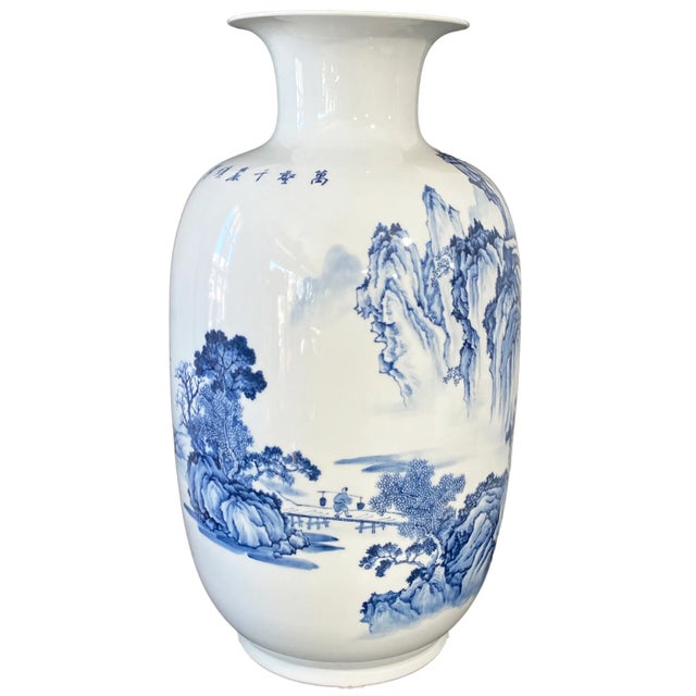 Blue Large Chinoiserie Blue and White Vase 24.75" H For Sale - Image 8 of 10