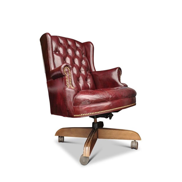 Wood 20th Century Button Back Chesterfield Revolving Desk Chair with Polished Burgundy Red Leather Upholstery with Tilt Action, 1970s For Sale - Image 7 of 7