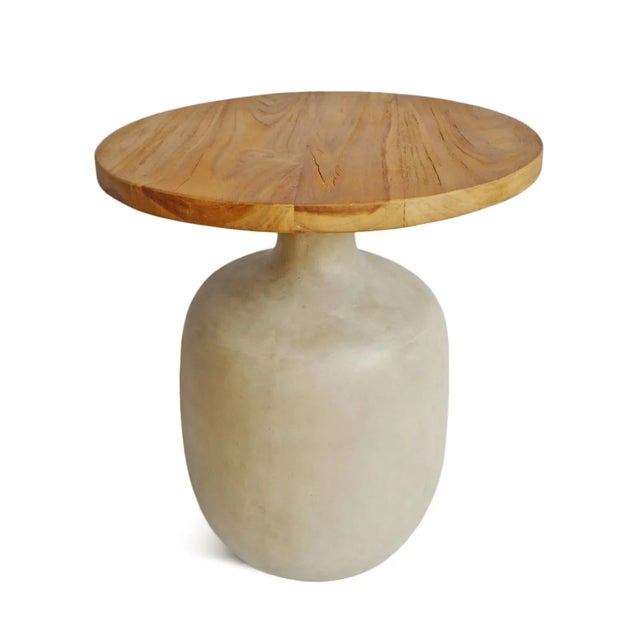 Outdoor Teak & Faux Cement Side Table | Chairish