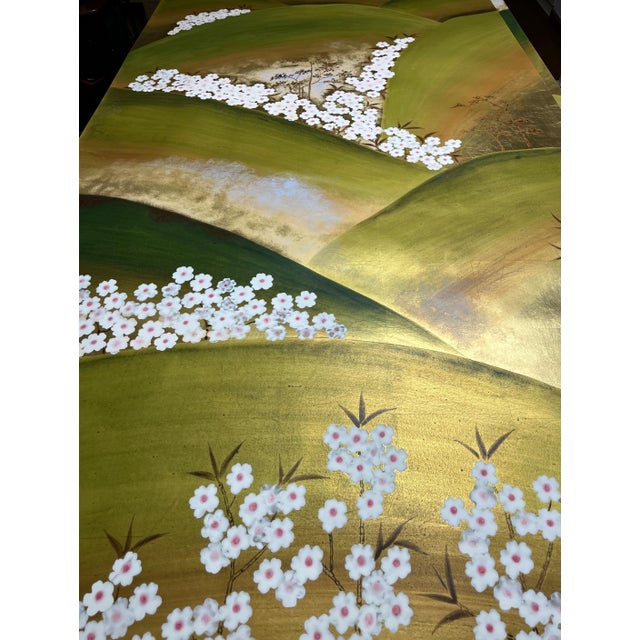 Chinoiserie Hand-Painted Gold Leaf Chinoiserie Landscape Mural Panels | Cherry Blossom Mountain Wall Art Set of 2 For Sale - Image 3 of 8