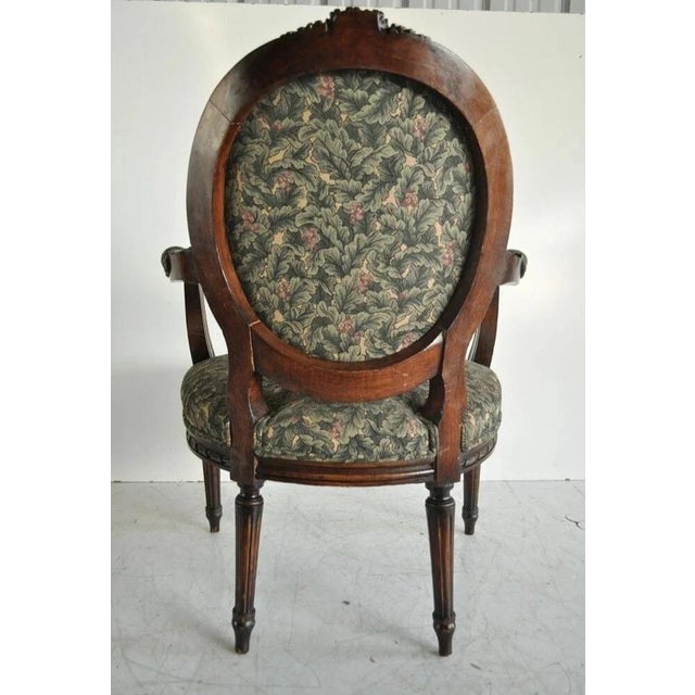 Vintage French Louis XVI Style Carved Walnut Fireside Arm Chair Fauteuil For Sale - Image 10 of 11