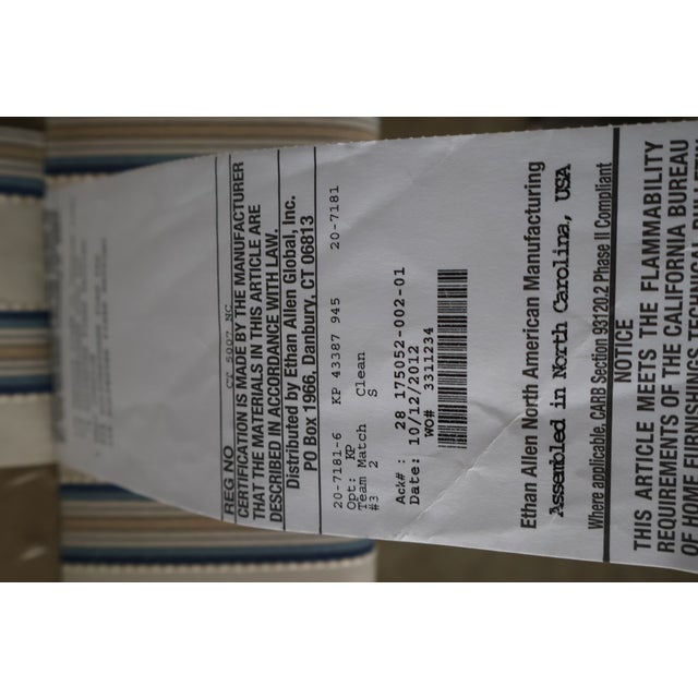 Ethan Allen Custom Camelback Sofa in Dimensional Woven Blue & Ivory Stripe For Sale - Image 17 of 18