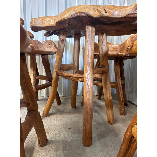 Rustic Vintage Handcrafted Rustic Live Edge Log Dining Set With Four Sculpted Wood Chairs For Sale - Image 3 of 16