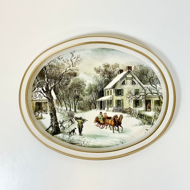 Mid-Century Americana Farmhouse Currier & Ives Metal Tray - The American Homestead, Winter For Sale - Image 4 of 14