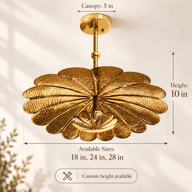 Handmade Brass Floral Ceiling Light, Vintage Lotus Flower Chandelier, Hammered Brass Pendant Light, Scalloped Ceiling Fixture For Sale - Image 9 of 13