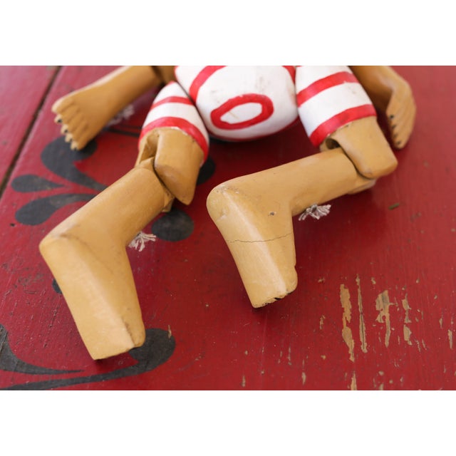 Vintage Wooden Teddy Bear Jointed Red & White Shelf Sitter Hand Carved Folk Art For Sale - Image 12 of 14