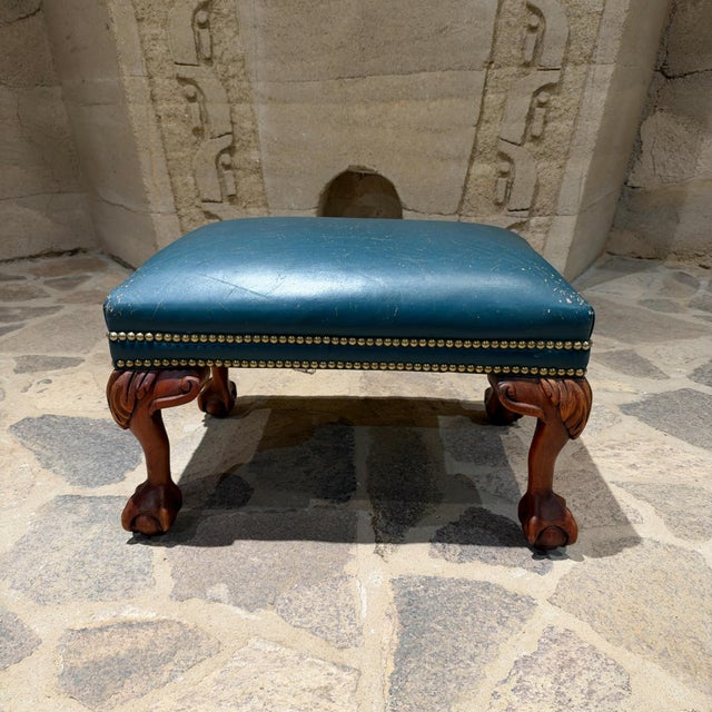1960s Chippendale or Georgian Style Vintage Leather Footstool Antique For Sale - Image 5 of 12