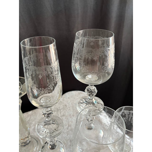 Glass Cascade Etched Crystal Stemware • Complete 36‑Piece Service With Jewel‑Cut Sphere Stems For Sale - Image 7 of 11