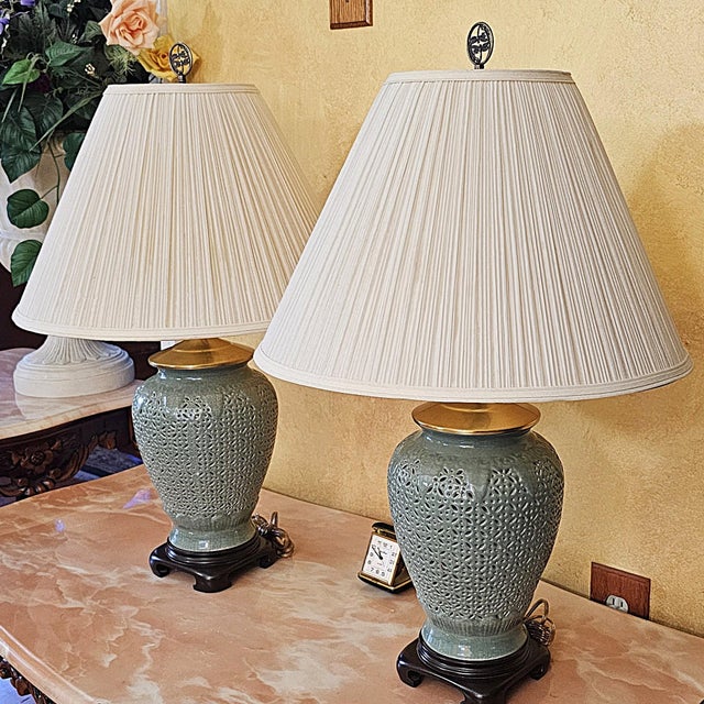 Late 20th Century Reticulated Celadon Chinoiserie Porcelain Table Lamps With Pleated Shades - 29" - a Pair For Sale - Image 17 of 18