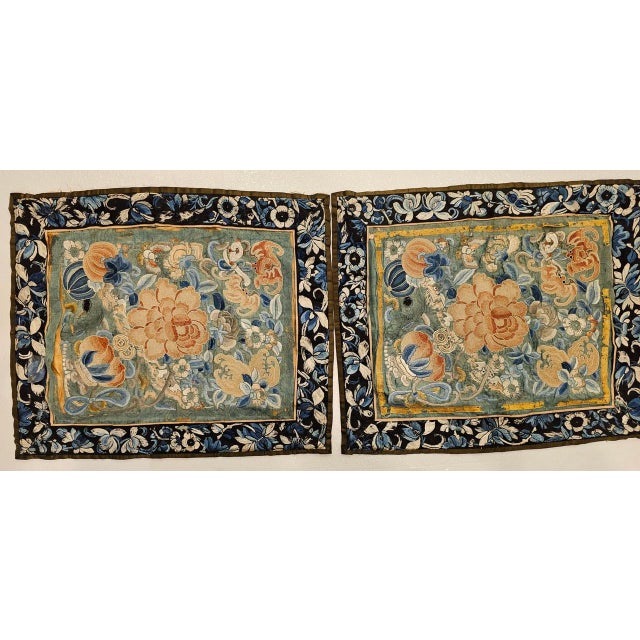 19th Century Pair of 19th Century Chinese Silk Hand Embroidery Panels of Flowers, Bats, Moths For Sale - Image 5 of 14