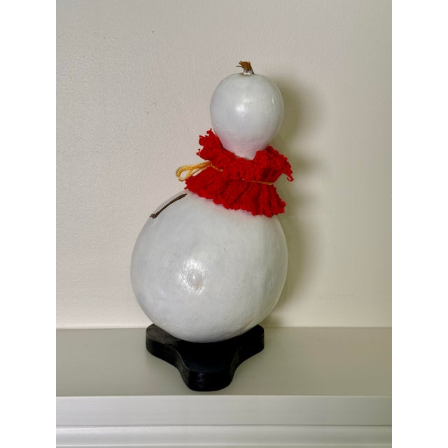 Wood Vintage Arts & Crafts Holiday Snowman Hand Painted Gourd Art in White, Red & Black For Sale - Image 7 of 8
