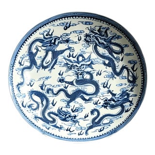 Chinese Ceramic Plate,Blue and White Porcelain Plate Hand Painted Dragon Pattern For Sale