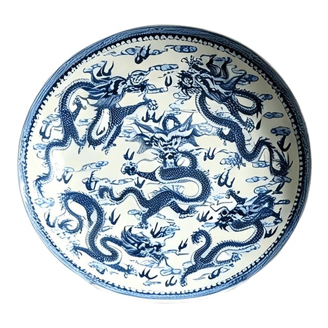 Chinese Ceramic Plate,Blue and White Porcelain Plate Hand Painted Dragon Pattern For Sale