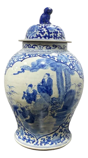Vintage Chinoiserie Large Blue and White Porcelain Ginger Jar 23" H