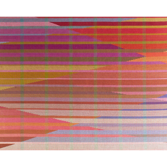 A 1981 woven textile by the American artist and weaver Alberta S. Parkinson (1918-2006). This work features colorful...