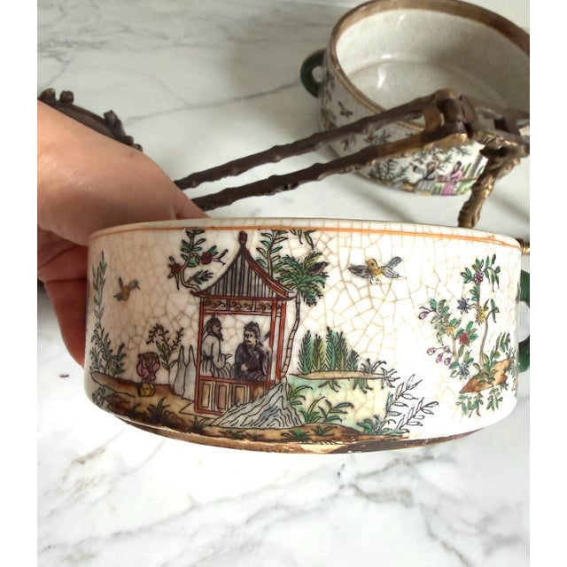 Metal Vintage Chinoiserie Famille Rose Crackled Ceramic Stacking Lunch Box 12"x6.25" For Sale - Image 7 of 18