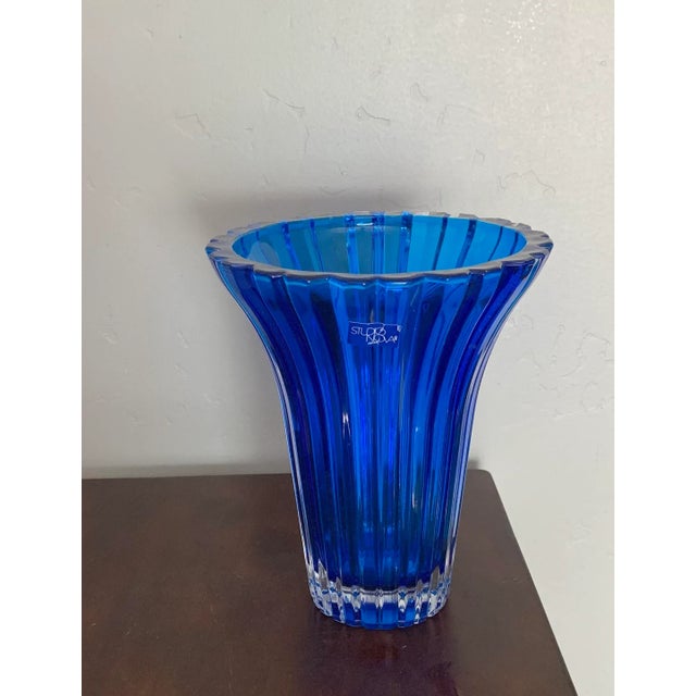 Vintage Modern Turquoise Blue Ribbed Glass Vase For Sale - Image 4 of 7