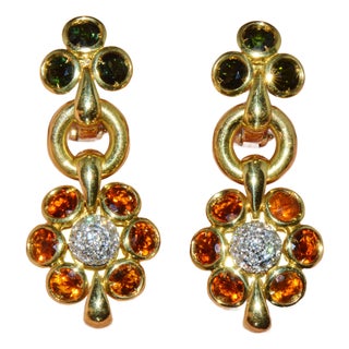 Authentic Vintage Piero Milano 5.40Cts Natural Spessartite Garnet Green Tourmaline Diamond Solid 18k Gold Earrings, Pair For Sale