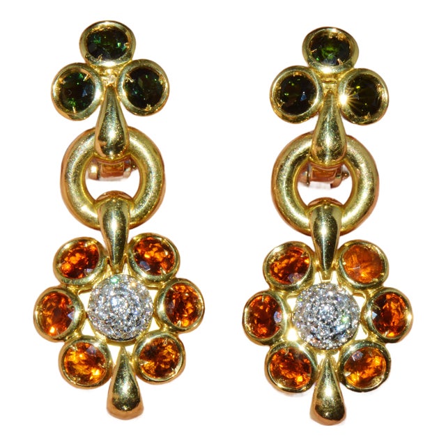 Authentic Vintage Piero Milano 5.40Cts Natural Spessartite Garnet Green Tourmaline Diamond Solid 18k Gold Earrings, Pair For Sale