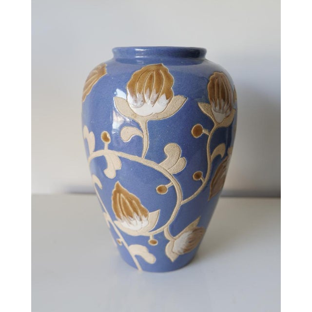 Glazed Stoneware Vase with Floral Relief in the style of Keramis, 1970s For Sale - Image 4 of 8