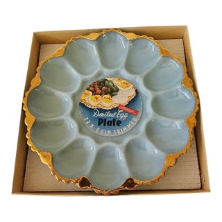 1950s Anchor Hocking Delphite Blue Egg Plate With 14k Gold Trim - Unused and Mint in Box For Sale