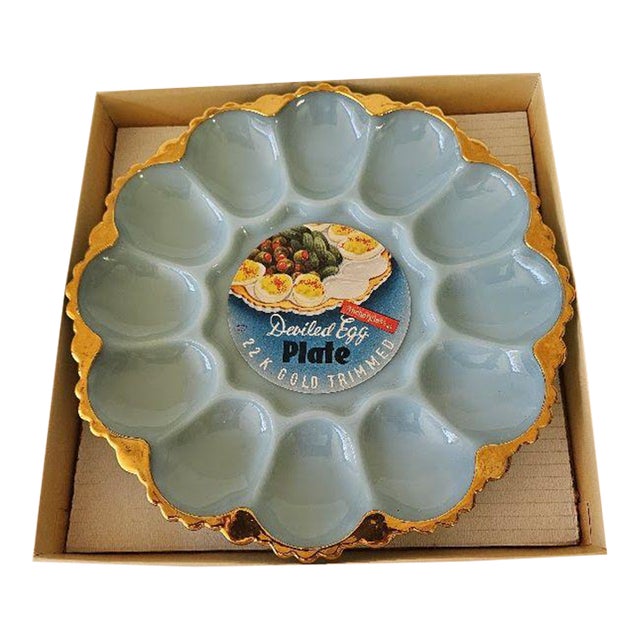 1950s Anchor Hocking Delphite Blue Egg Plate With 14k Gold Trim - Unused and Mint in Box For Sale
