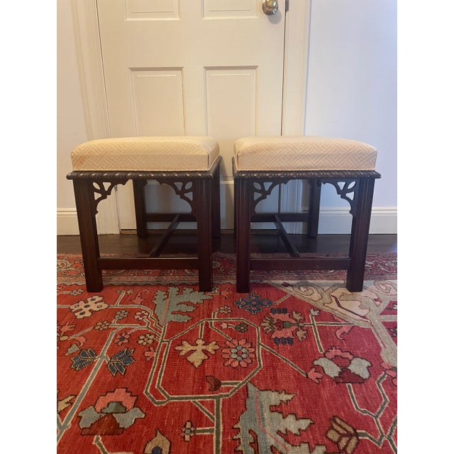 Drexel Heritage Pair of Drexel Chippendale Style Chinoiserie Stools For Sale - Image 4 of 8